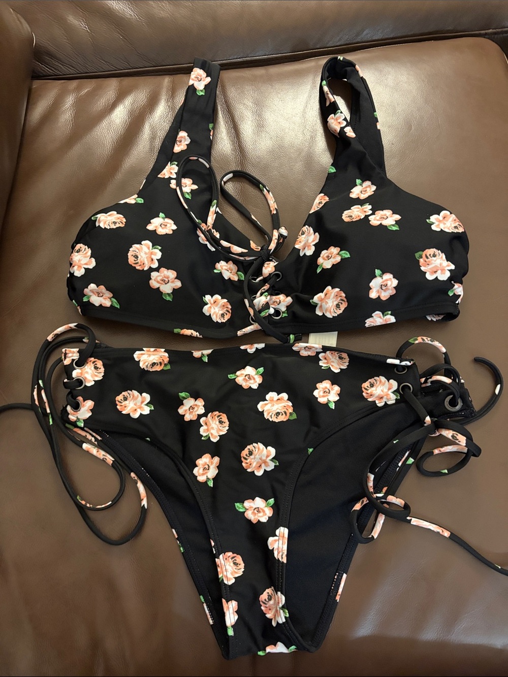 Floral Lace-Up Bikini Top & Bottom Set- Pink Black- Hollister L top XL bottom